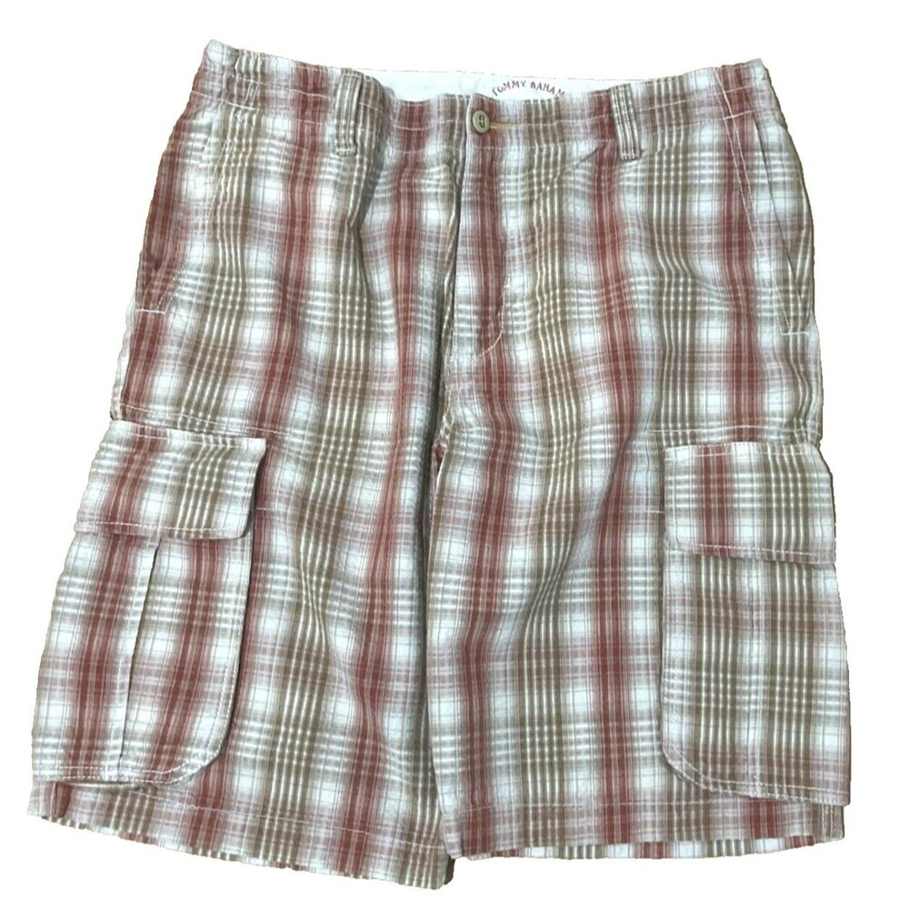 Tommy Bahama Relax Red Khaki Plaid Check Comfort Cargo Shorts Men Size 36